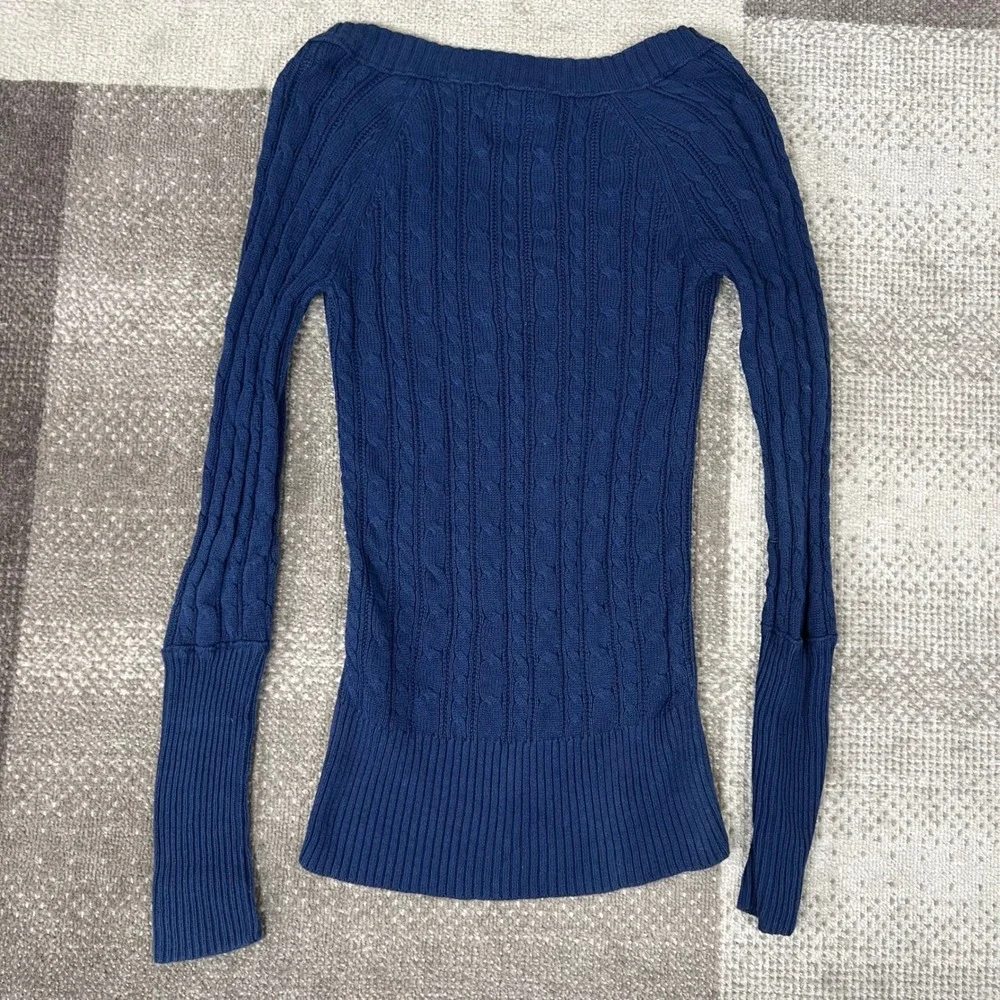 Y2K American Eagle Navy Blue Cable Knit V-Neck Sweater Womens Medium Snatched - Picture 5 of 8